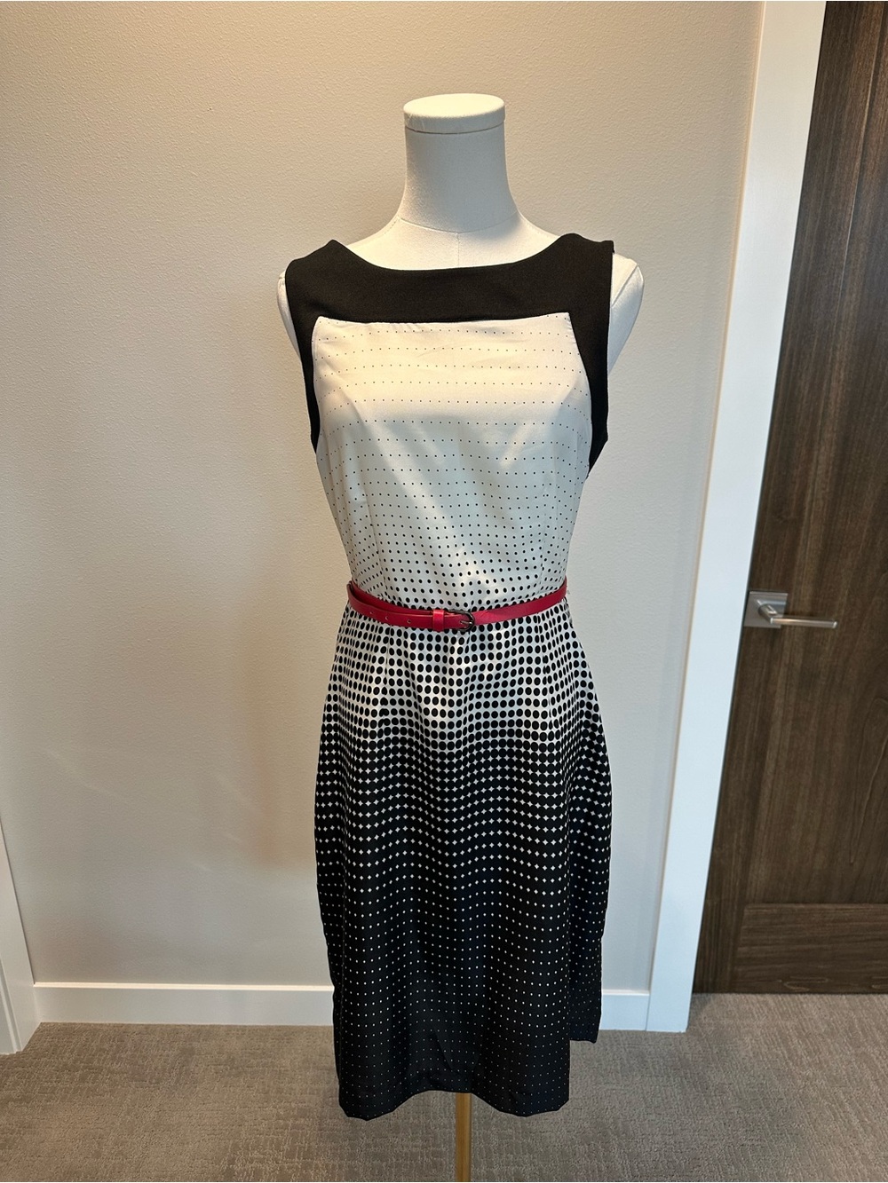 The Limited Black and White Polka Dot Midi Dress with Red Belt